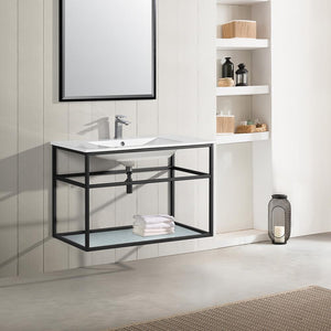 Bathroom Vanity - Pierre 36" Width Chrome Minimalist Metal Frame Single Sink Open Shelf Bathroom Vanity