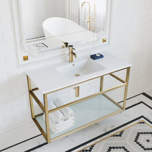 Bathroom Vanity - Pierre 36" Width Gold Minimalist Metal Frame Single Sink Open Shelf Bathroom Vanity