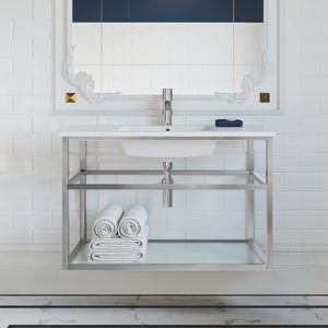Bathroom Vanity - Pierre 36" Width Gold Minimalist Metal Frame Single Sink Open Shelf Bathroom Vanity