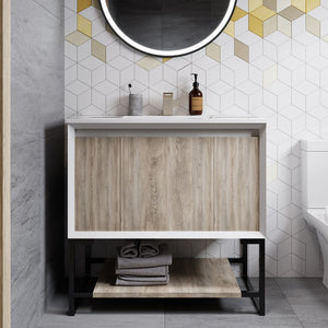 Bathroom Vanity - SM-BV143 Marseille 36" Oak Single, Two Doors, One Drawer, Open Shelf Bathroom Vanity